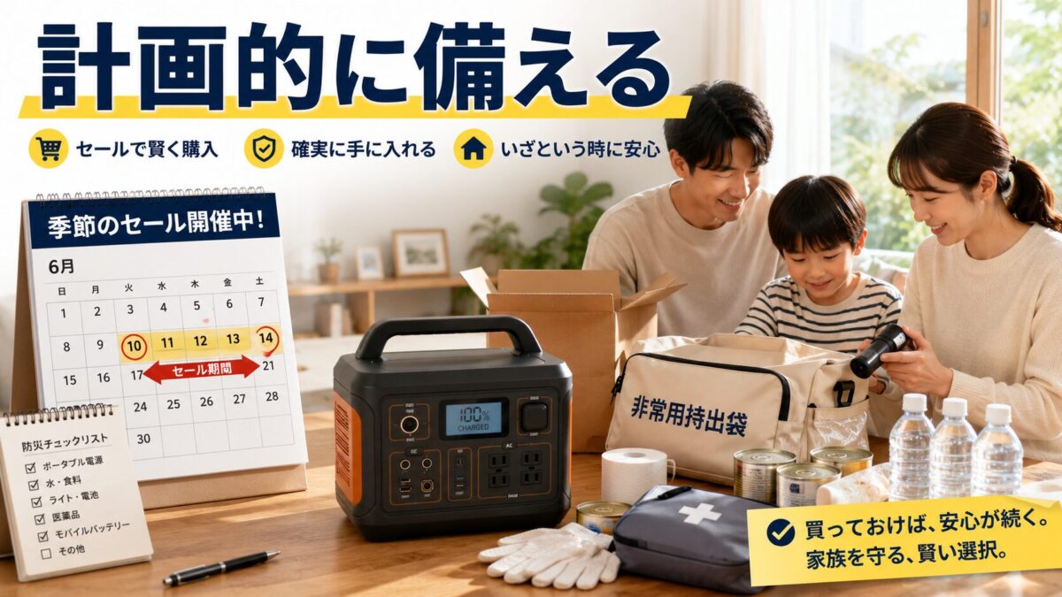 防災用ポータブル電源を計画的に購入して備えるイメージ