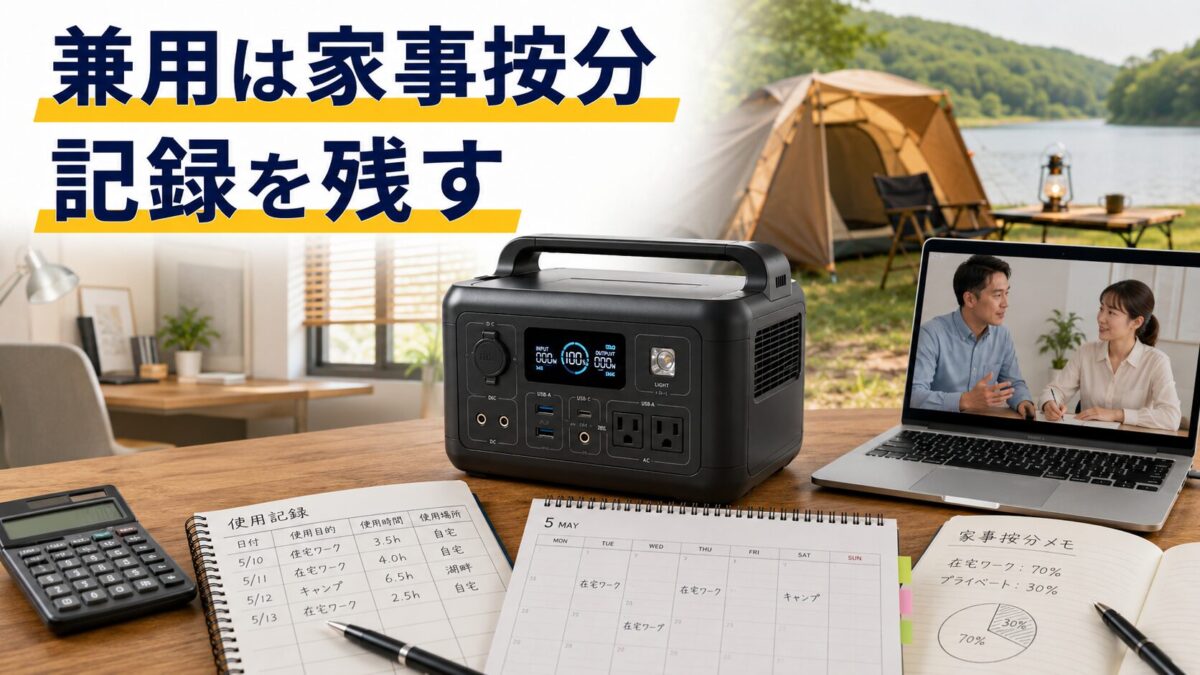 仕事と私用で兼用するポータブル電源の使用記録と家事按分を表現した画像