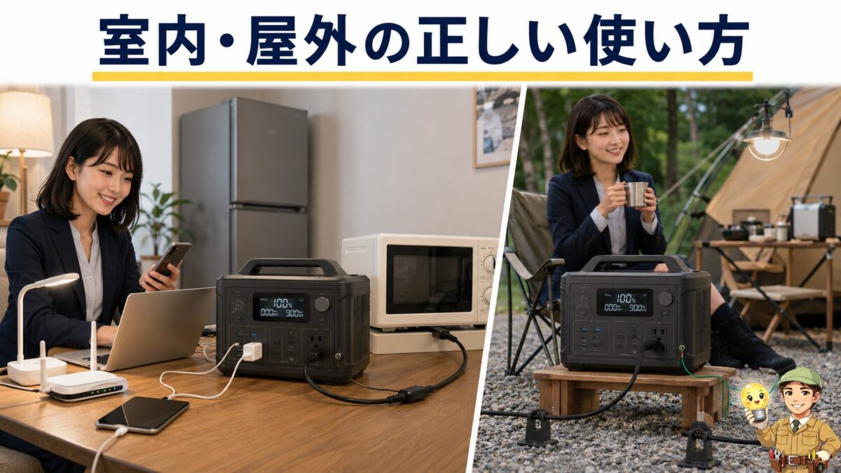 ポータブル電源を室内と屋外で安全に使い分ける具体例を示した画像