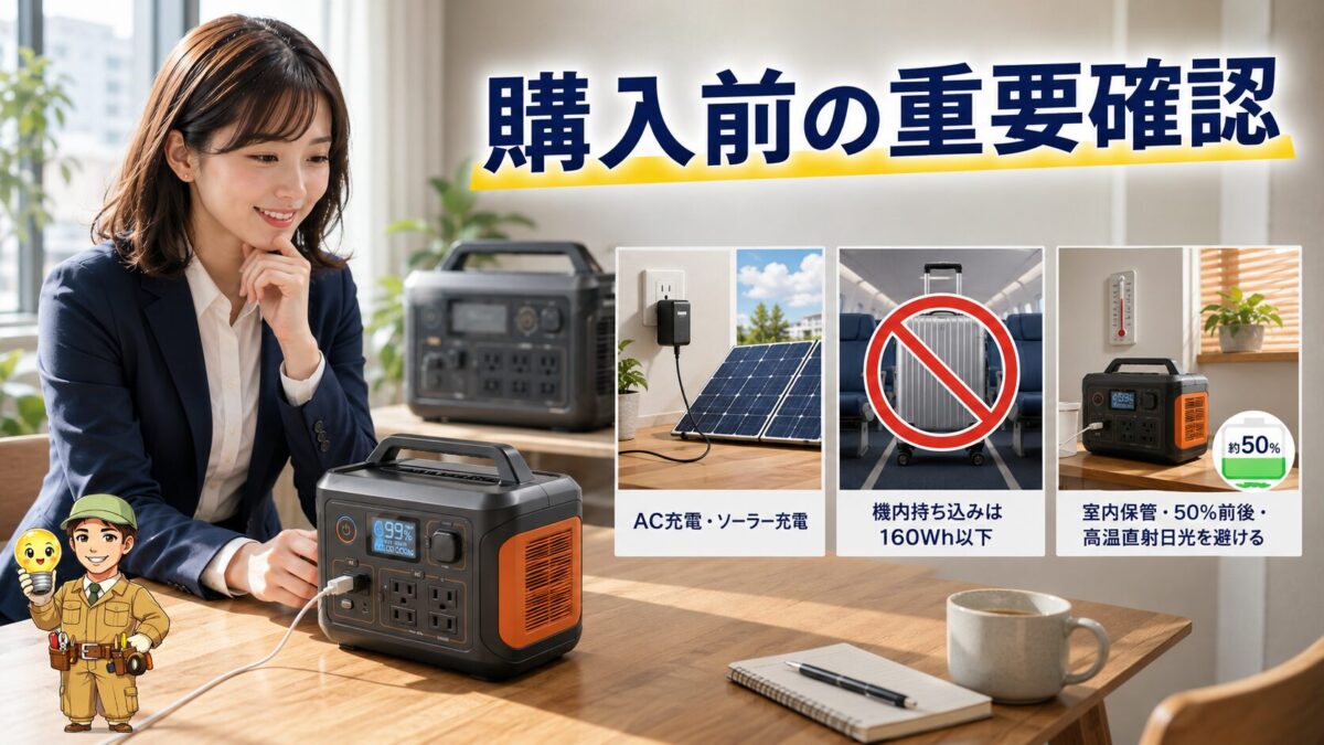 充電方法と飛行機制限と安全な保管方法を確認するポータブル電源画像