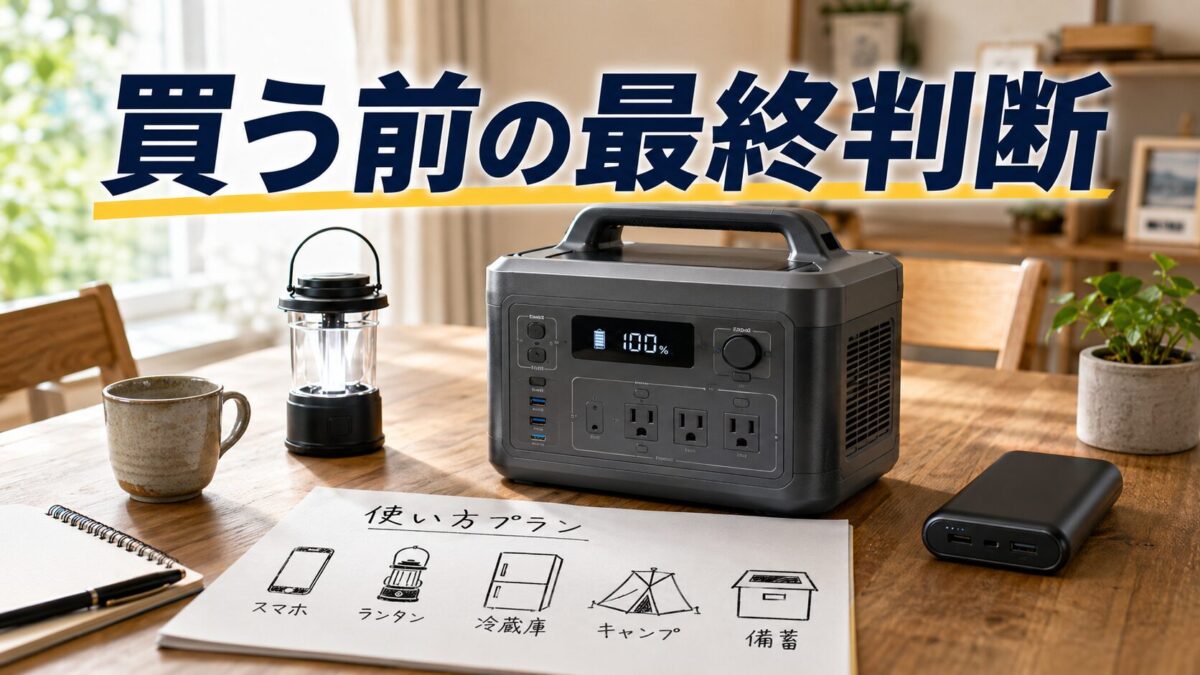 利用目的と必要容量を整理しポータブル電源を購入するか判断する場面を表現した画像
