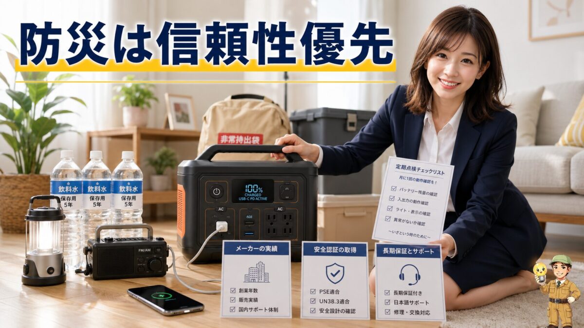 安全認証と保証を確認して防災用ポータブル電源を準備する家庭