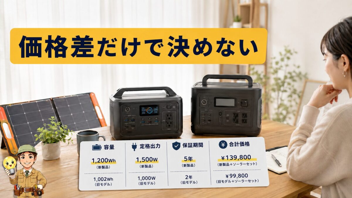 新旧ポータブル電源の価格や性能と保証を比較してセール購入を検討する画像