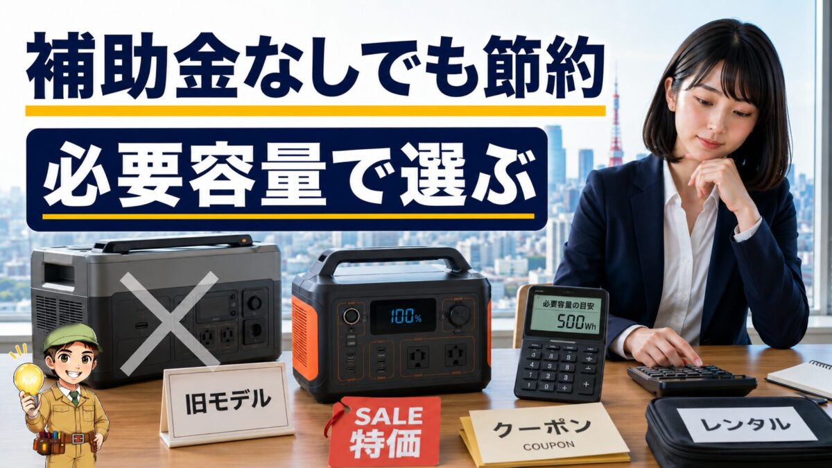 必要容量の計算やセール、クーポン、レンタルでポータブル電源を節約購入する画像