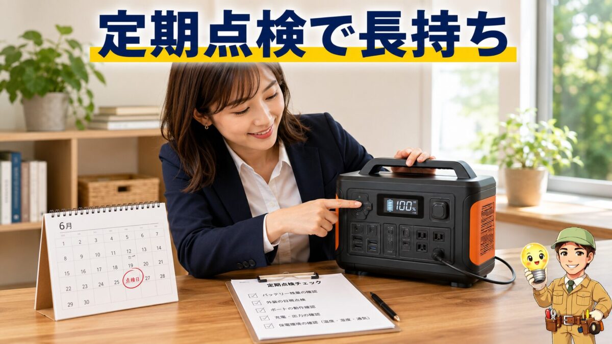 ポータブル電源の残量と外観を定期点検している様子