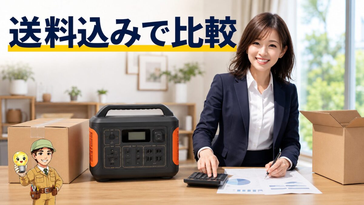 ポータブル電源のレンタル料金と往復送料を含む総額を比較する場面