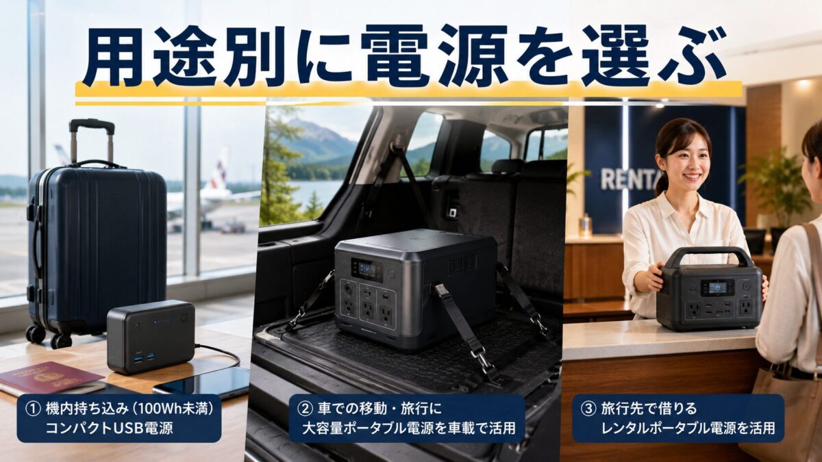 飛行機用の小型電源と車載用の大容量ポータブル電源を用途別に選ぶ場面