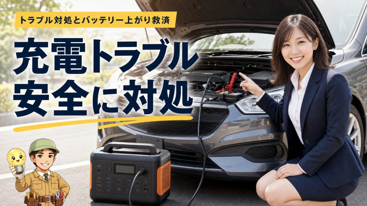 Jackeryの車載充電トラブルとバッテリー上がり対処を示す画像