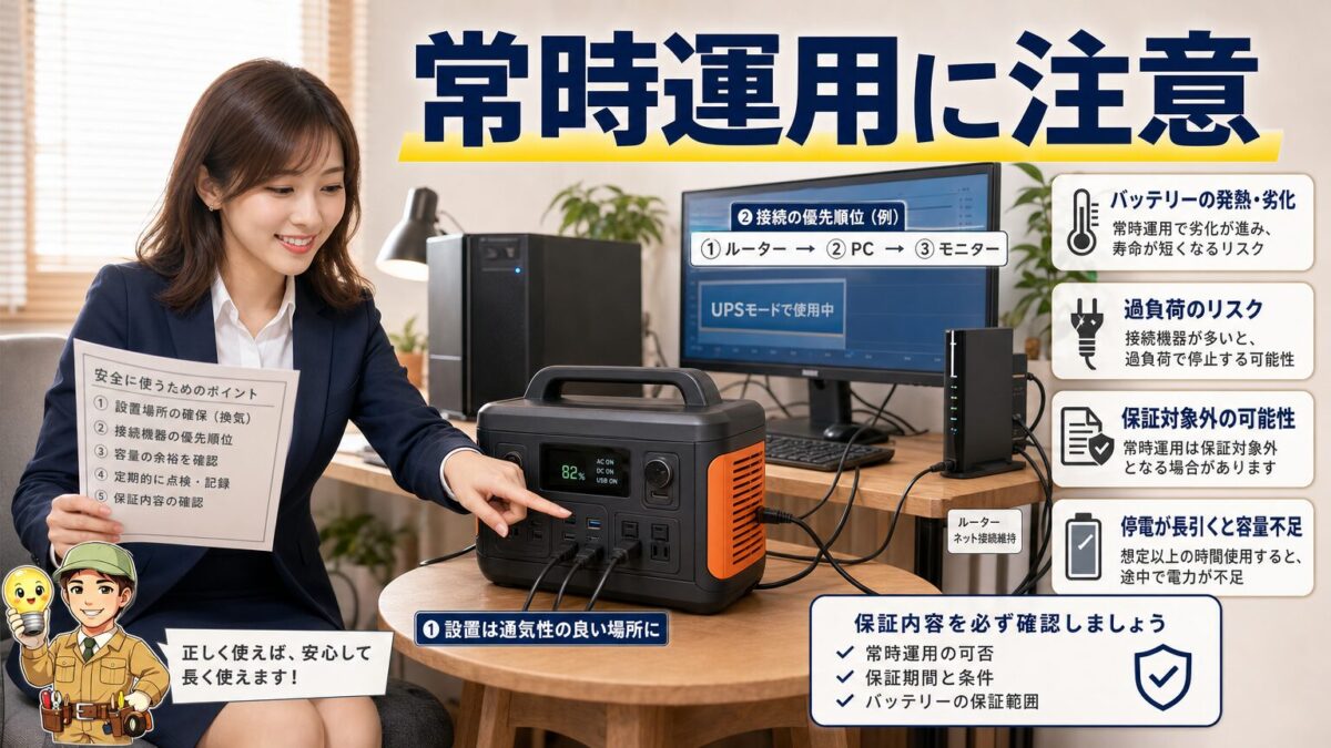 ポータブル電源をUPS用途で常時運用する際の注意点を示した画像