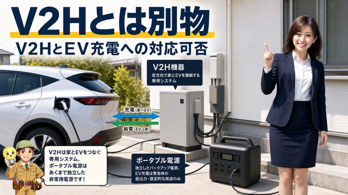 V2H設備とポータブル電源によるEV充電の違いを示した画像