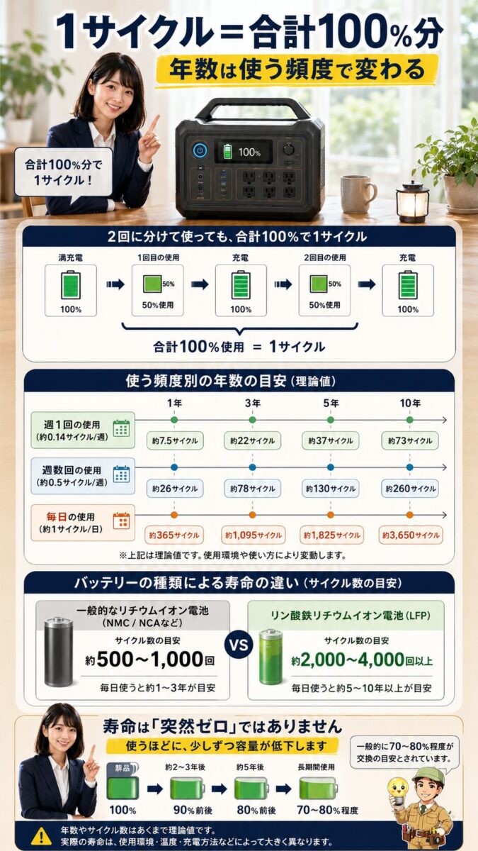 充放電サイクルと使用頻度から寿命年数を考えるポータブル電源