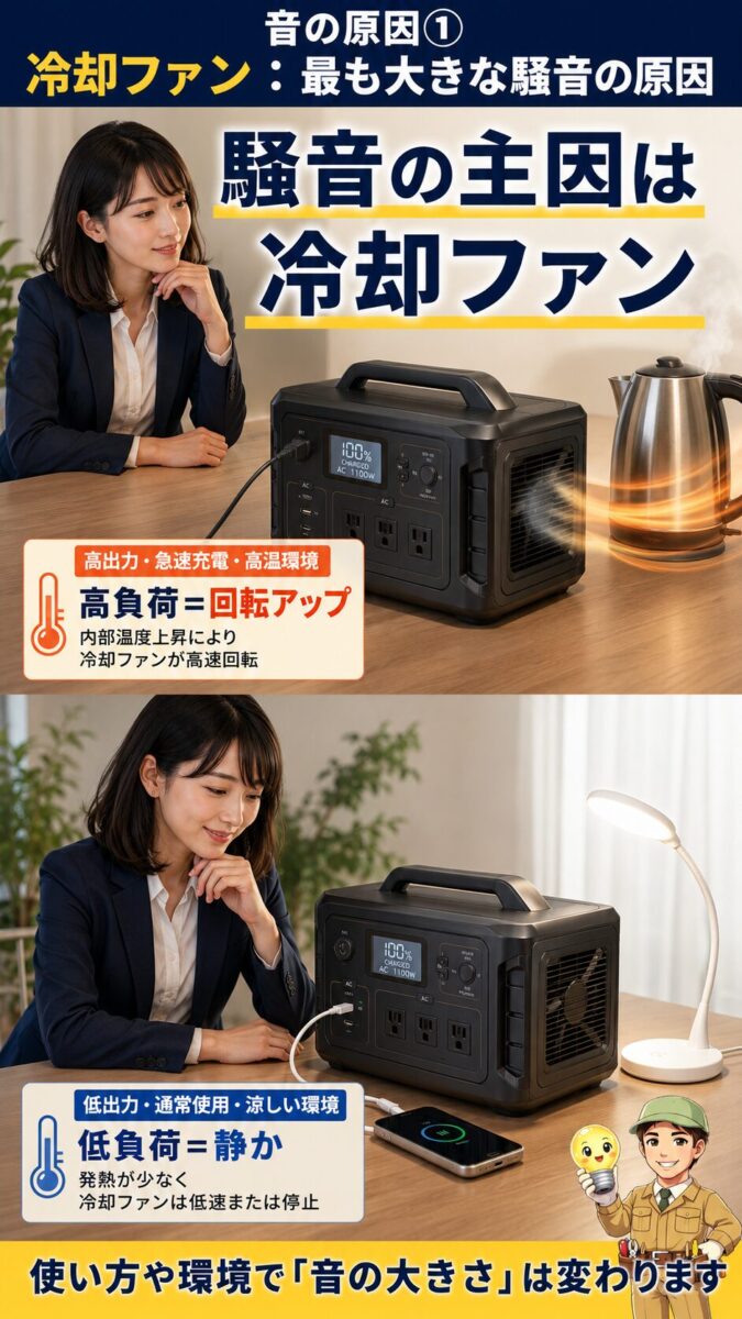 高出力時に冷却ファンが高速回転し低出力時には静かになるポータブル電源