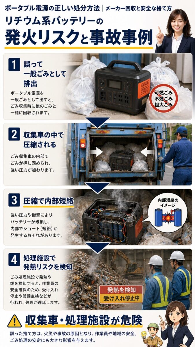 ゴミ収集車で圧縮され内部短絡する危険があるポータブル電源