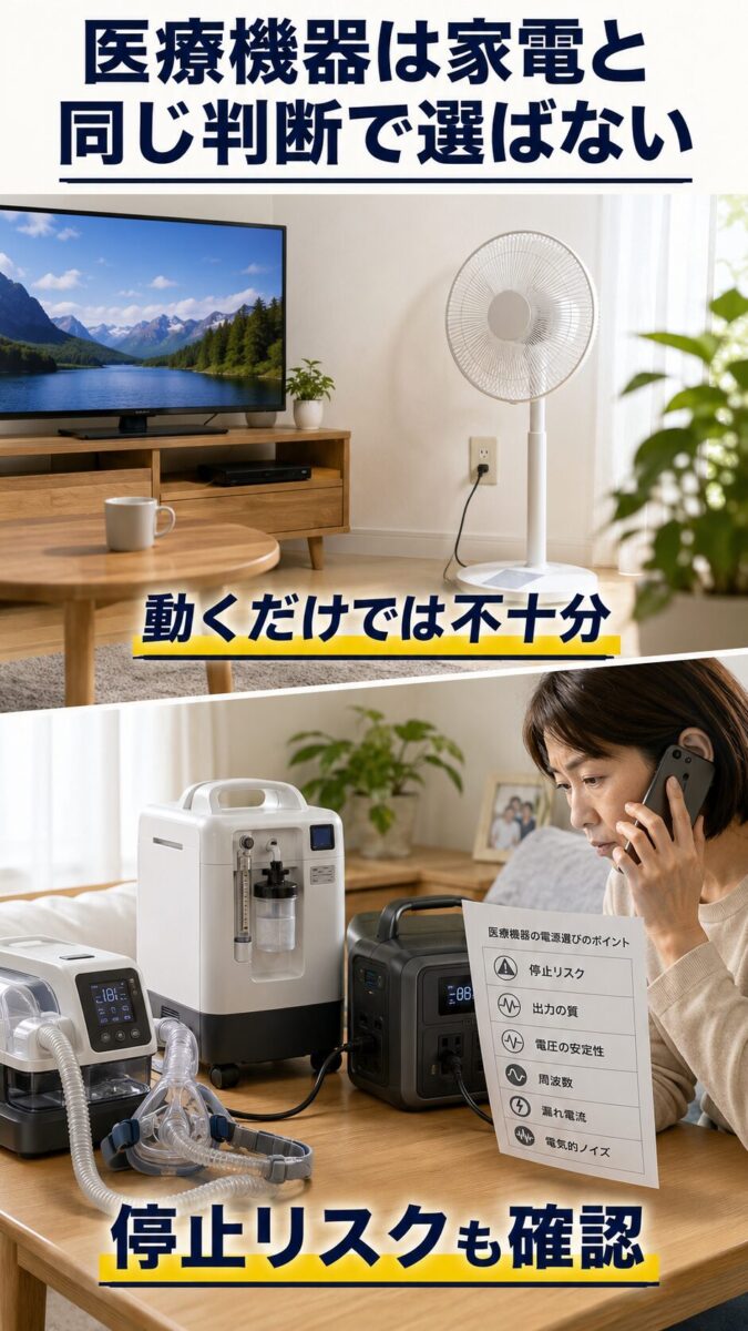 一般家電と医療機器で異なる電源選びの判断基準を比較した画像