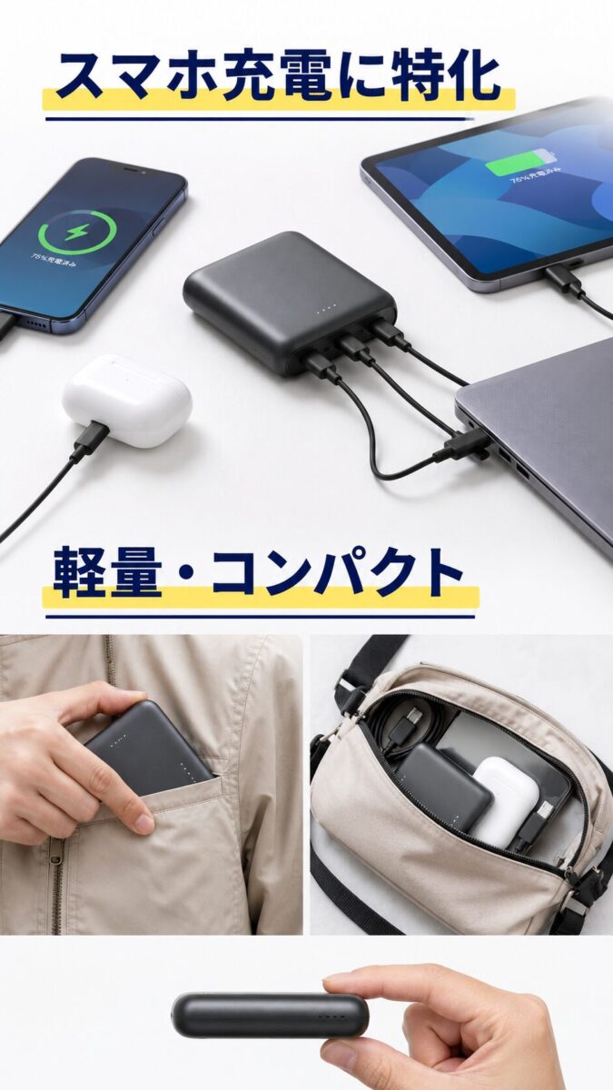 スマートフォンや小型機器の充電に特化した軽量なモバイルバッテリーの画像