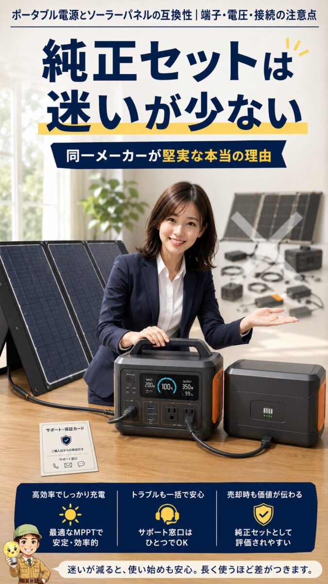 同一メーカーで揃えたソーラーパネルと電源と追加バッテリー