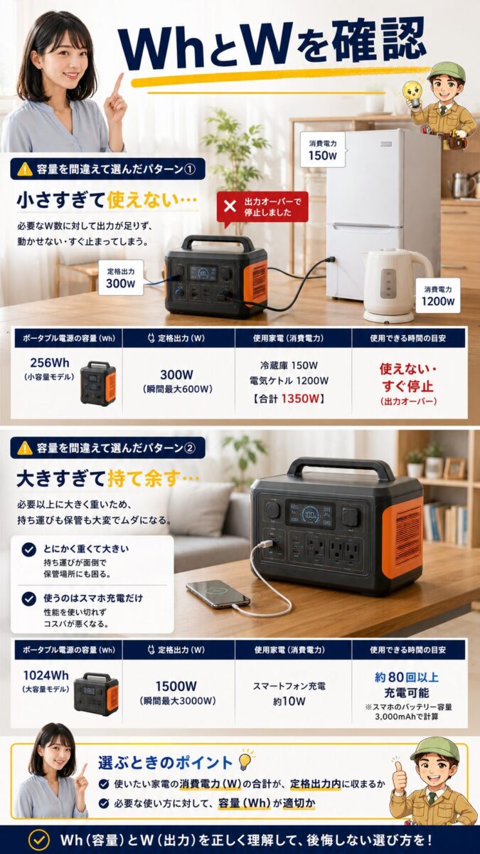 容量Whと出力Wの選択を間違えたポータブル電源