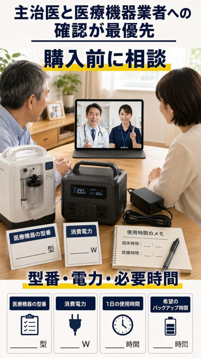 機器の型番と消費電力を確認して医師と医療機器業者へ相談する様子