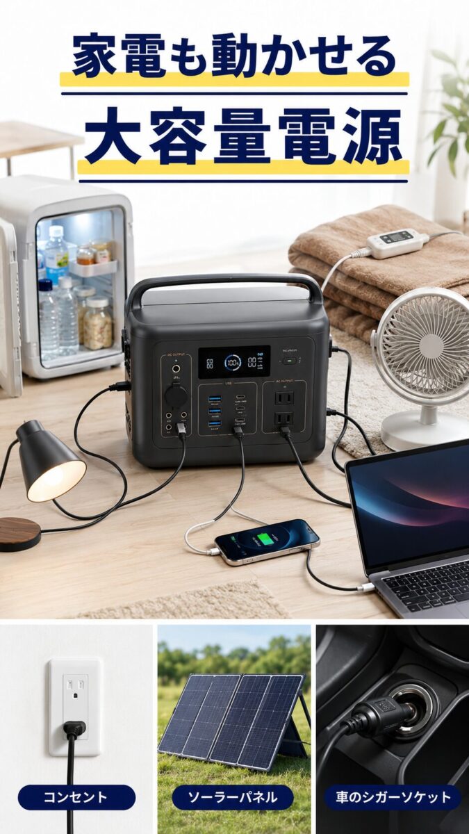 複数の家電やデジタル機器へ給電できる大容量ポータブル電源の画像
