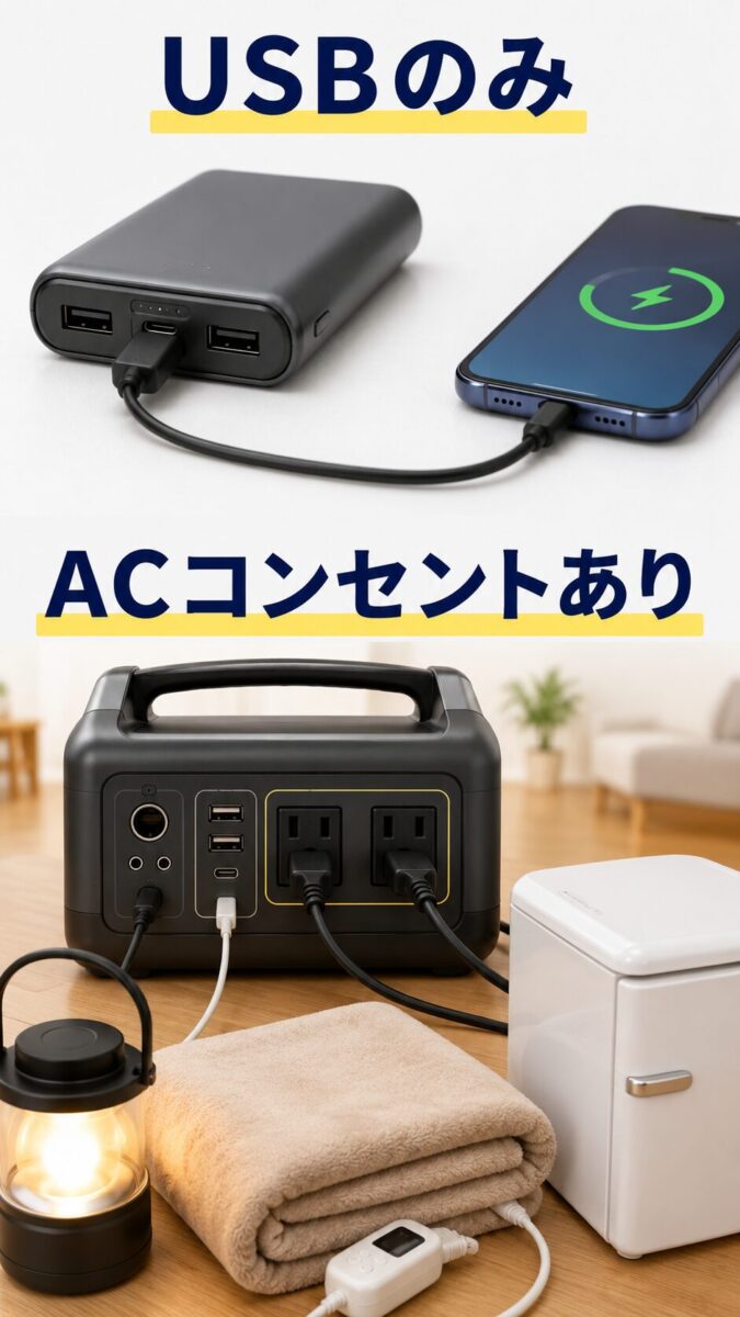 USB端子だけのモバイルバッテリーとACコンセント付きポータブル電源を比較した画像