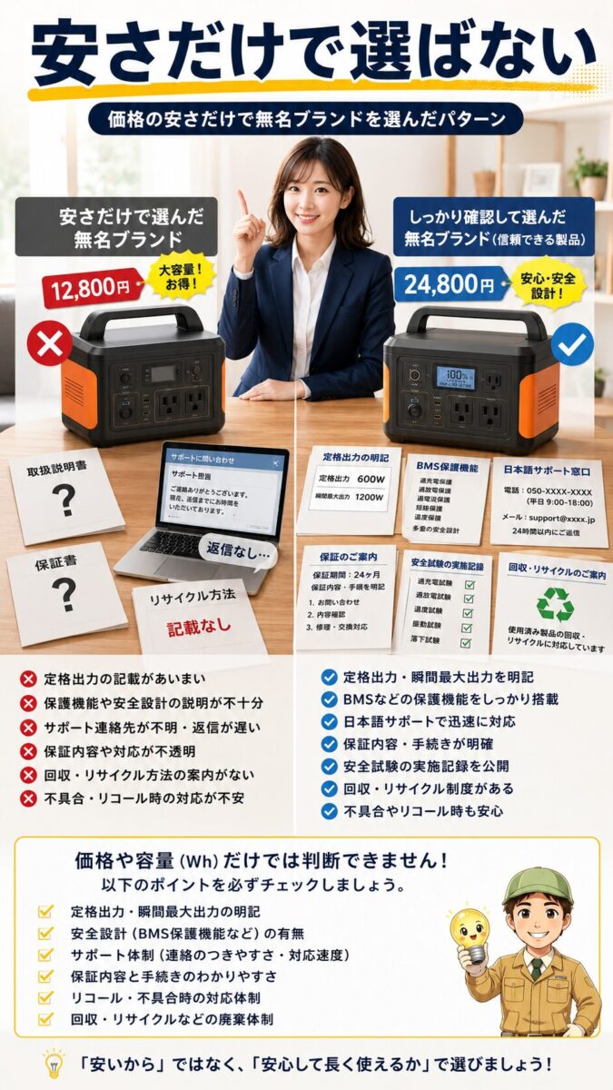 安さだけで選ばず安全性や保証を確認するイメージ