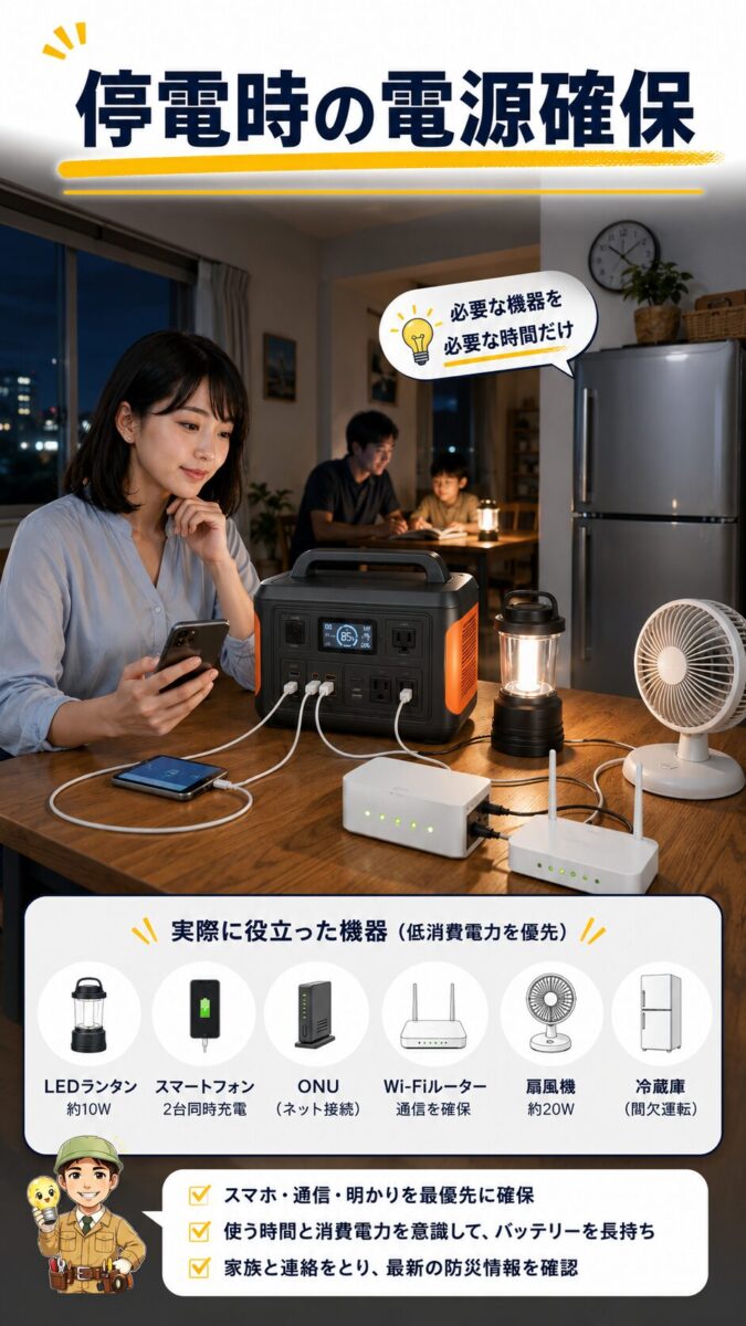 停電時に照明や通信機器へ給電するポータブル電源