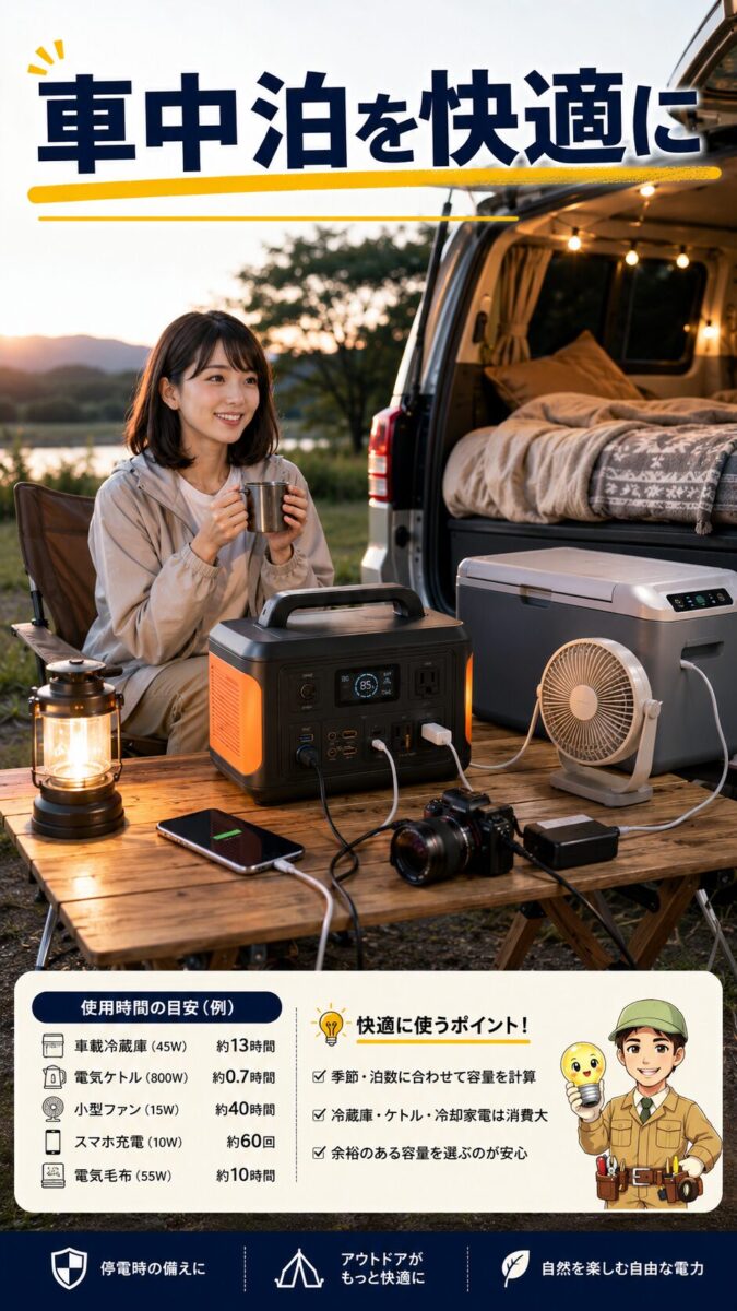 キャンプや車中泊で家電を動かすポータブル電源