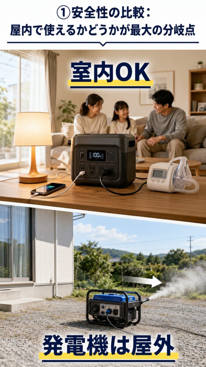 室内で安全に使えるポータブル電源と屋外専用の発電機を比較した画像