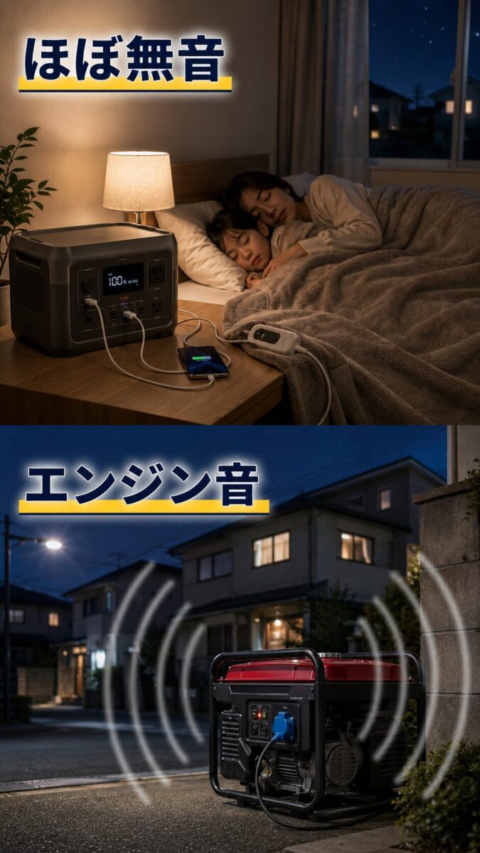 夜間も静かなポータブル電源とエンジン音が出る発電機を比較した画像