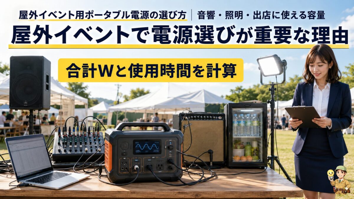 屋外イベントで複数機器の消費電力を計算するポータブル電源