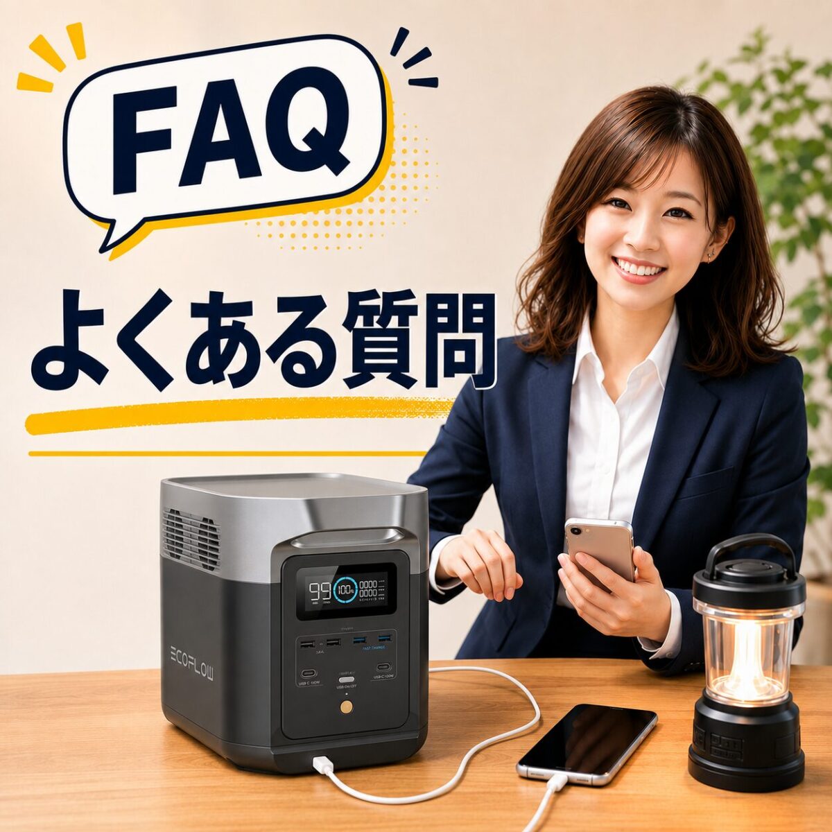 エコフローDELTAシリーズの選び方をまとめる女性とポータブル電源