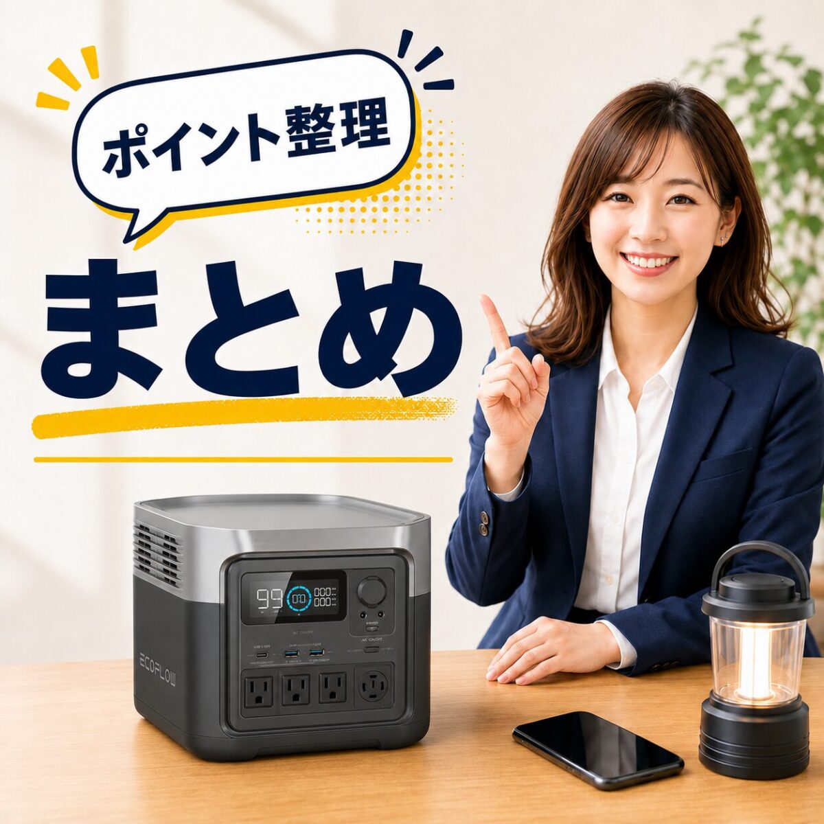 エコフローDELTAシリーズのよくある質問を解説する女性とポータブル電源