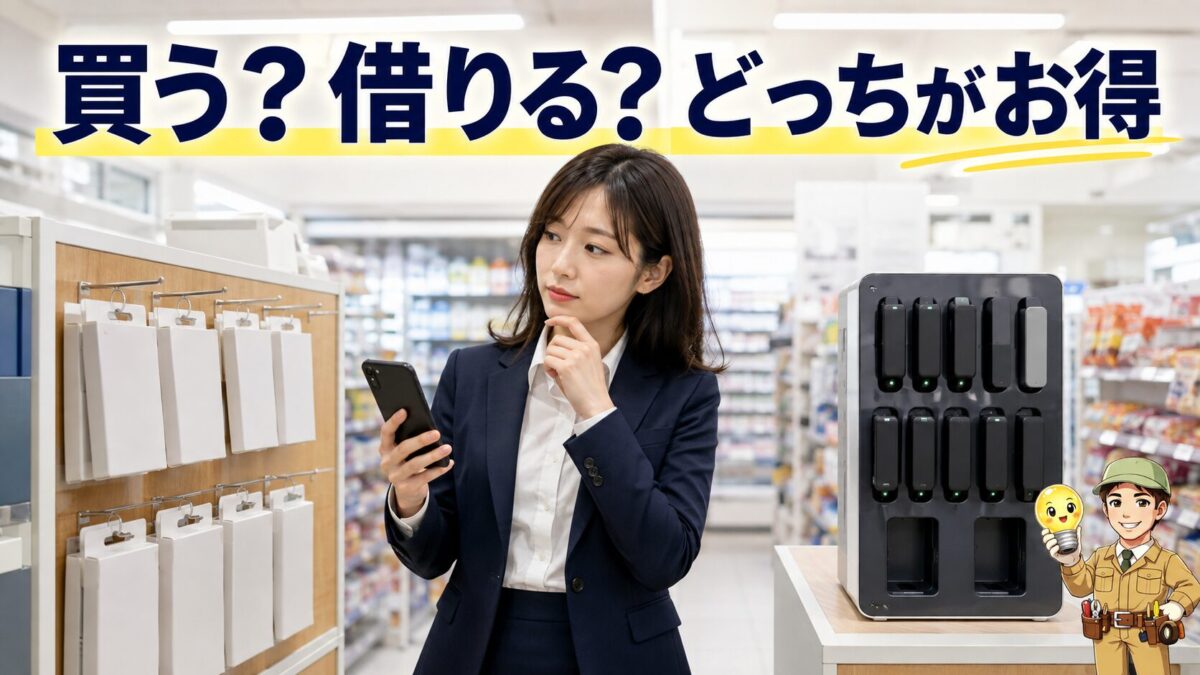 コンビニ店内でモバイルバッテリーを購入するかレンタルするか検討する人物