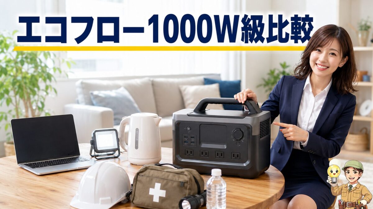 ポータブル電源を中心にノートパソコンや電気ケトル、防災用品を配置した1000W級モデル比較のイメージ