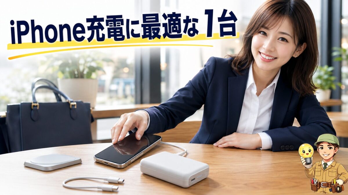 カフェのテーブルでスマートフォンを小型モバイルバッテリーから充電し、磁気式バッテリーとケーブルも並べた様子