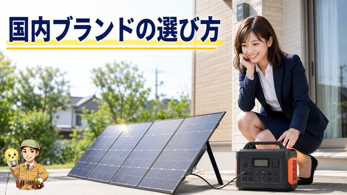 自宅の屋外で折りたたみ式ソーラーパネルをポータブル電源につなぎ、安全に確認する日本人利用者