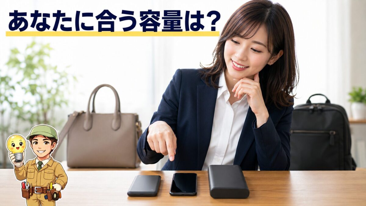 大きさの異なる2台のモバイルバッテリーとスマートフォンを並べ、使い方に合う容量選びを表した場面