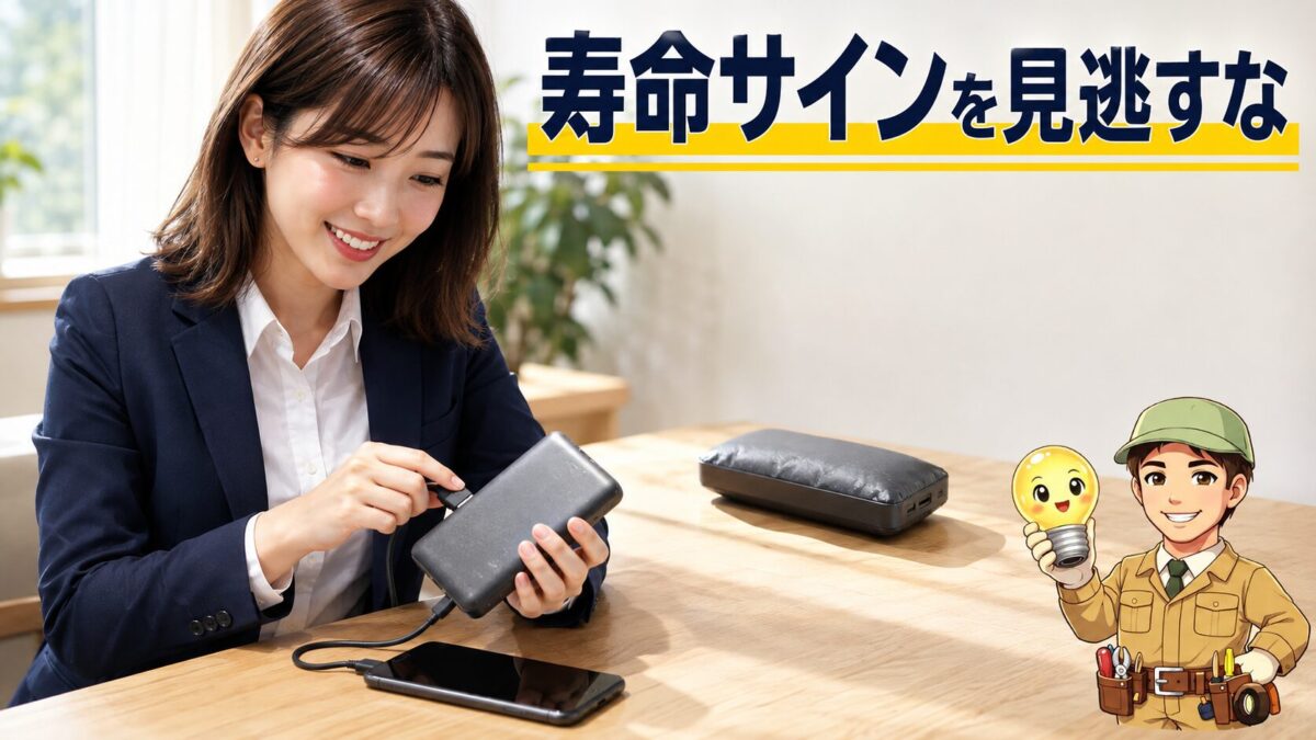 充電中のスマートフォンとモバイルバッテリーのそばに、劣化して膨らんだバッテリーを安全に離して置いた場面