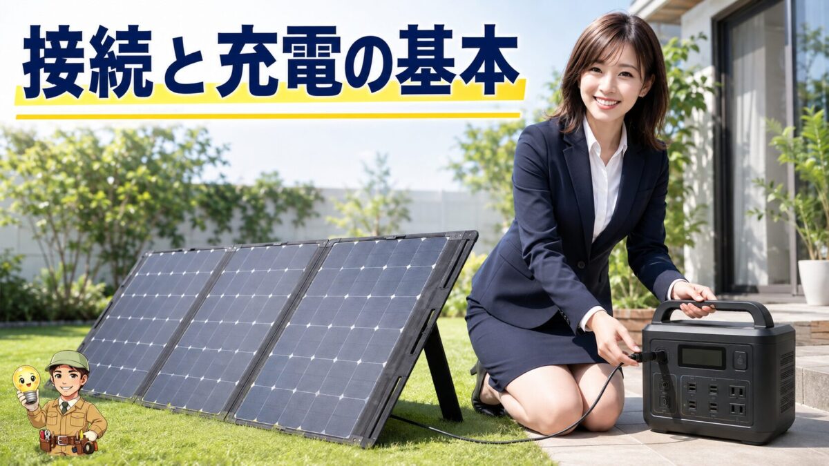晴れた庭で折りたたみ式ソーラーパネルをポータブル電源に接続する人物
