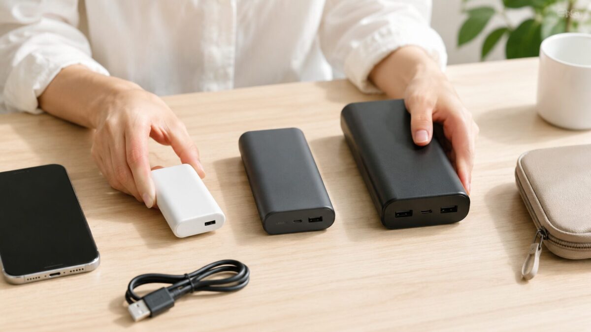 大きさの異なる3台のモバイルバッテリーを机上で比較し、中央の持ち歩きやすいモデルを手に取る様子