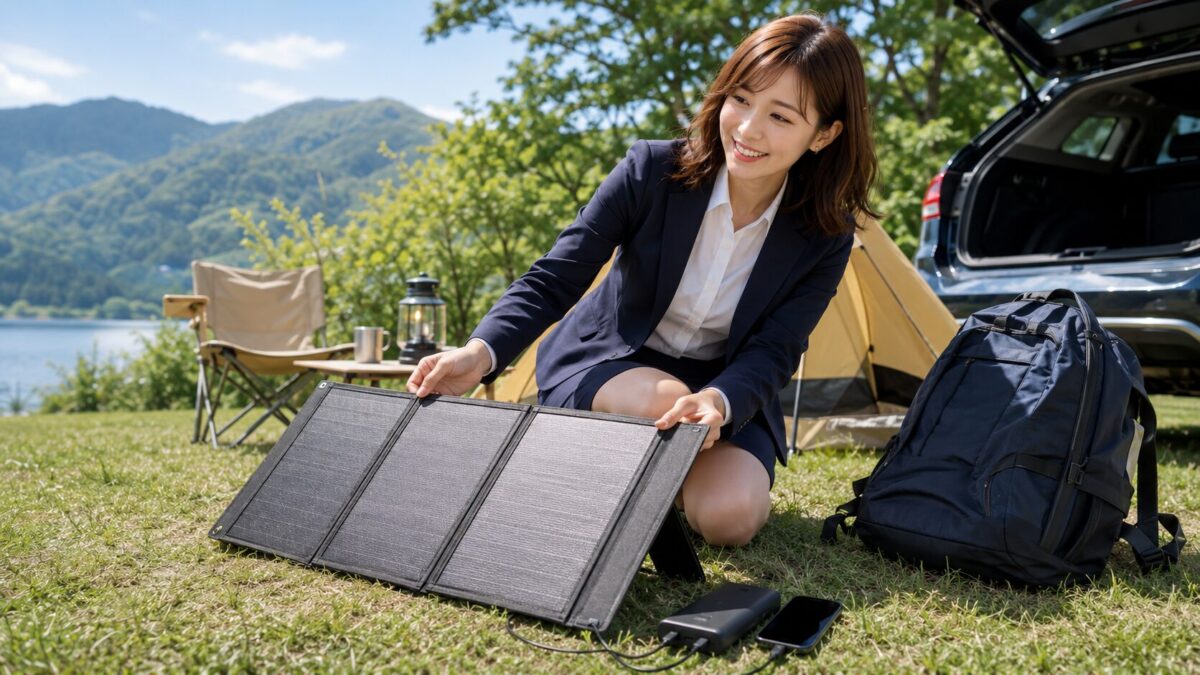 キャンプ場で小型折りたたみ式ソーラーパネルからスマートフォンとモバイルバッテリーを充電する様子