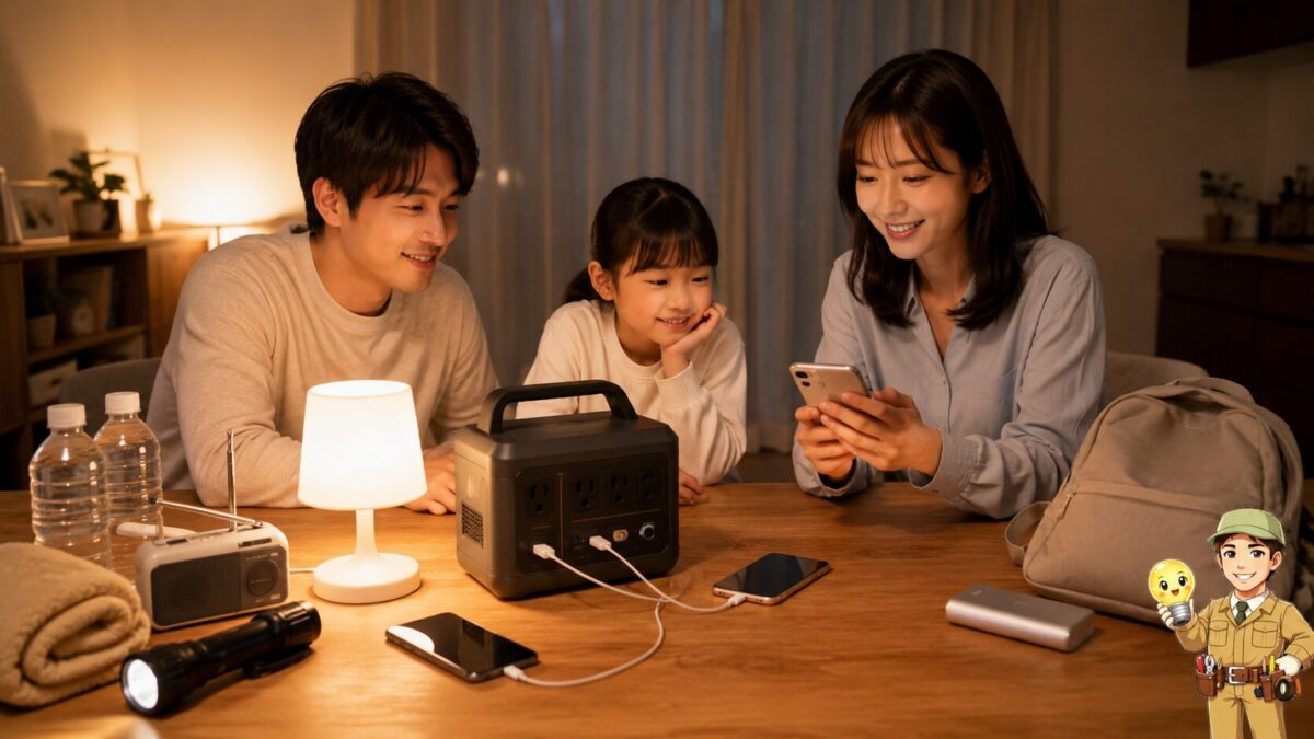 コンビニの売り場で端子や大きさを確認しながらモバイルバッテリーを選ぶ人物