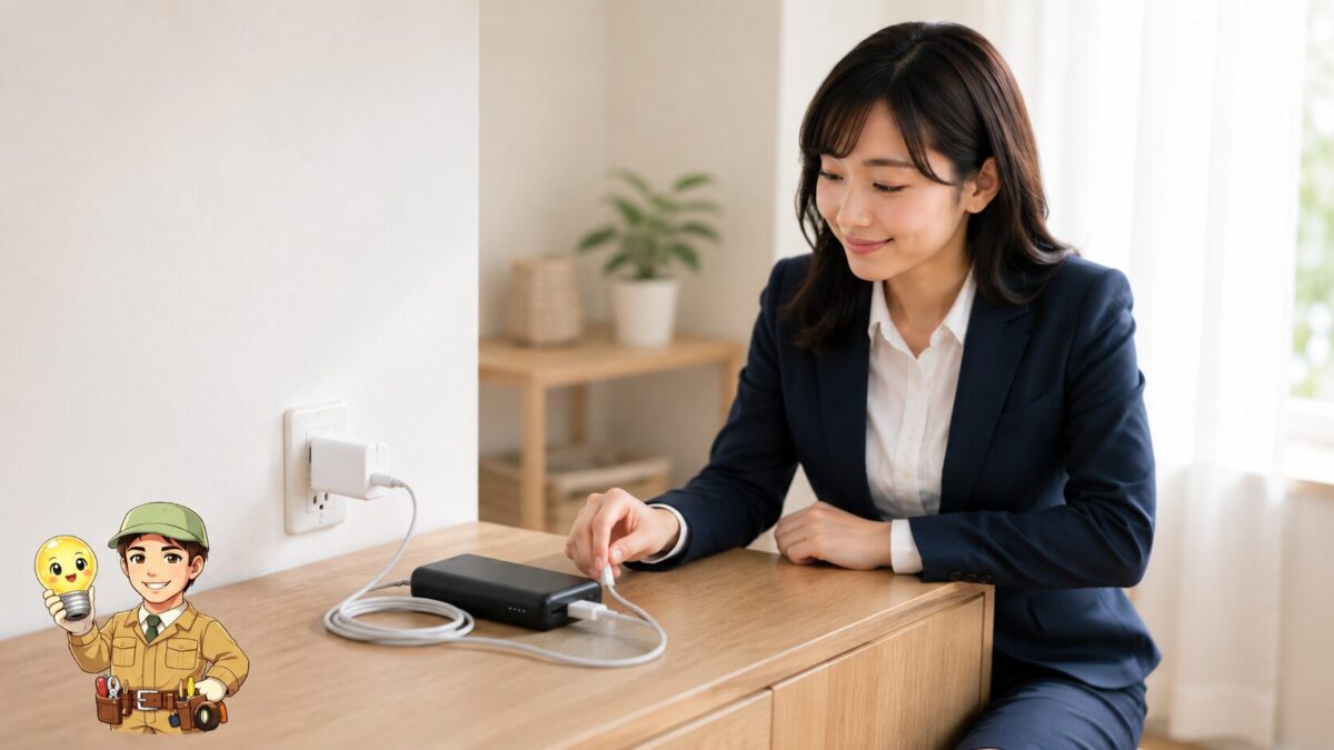 風通しのよい硬い机の上で適切な充電器とケーブルを使って充電するモバイルバッテリー