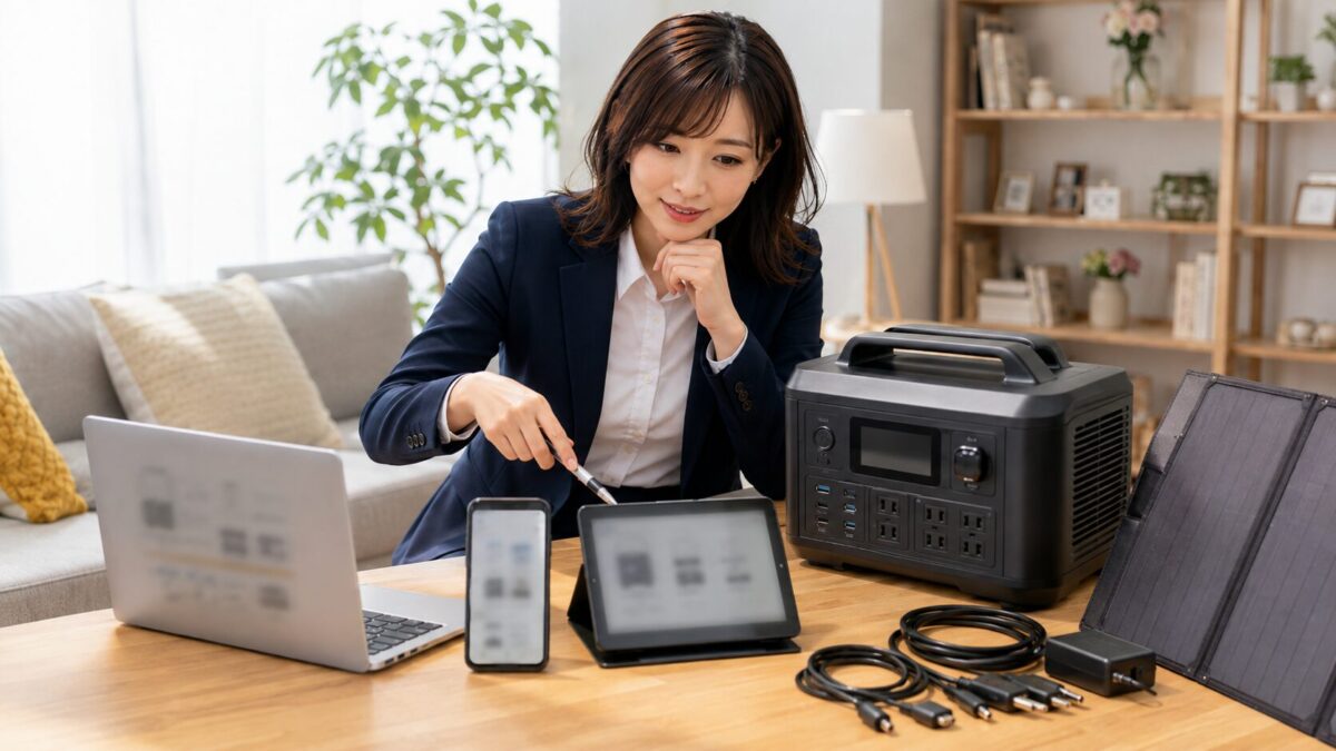 ポータブル電源とソーラーパネルを前にスマートフォンで現在のセール商品を確認する様子
