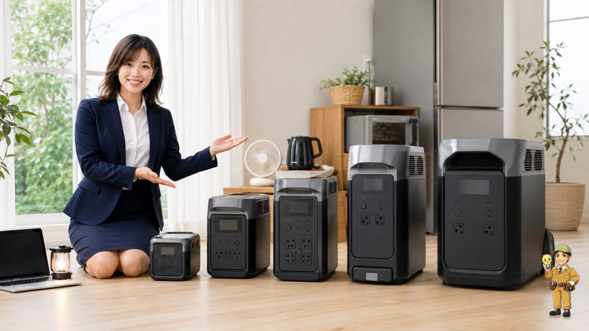 大きさや用途の異なる複数のポータブル電源を家電とともに横並びで比較する場面