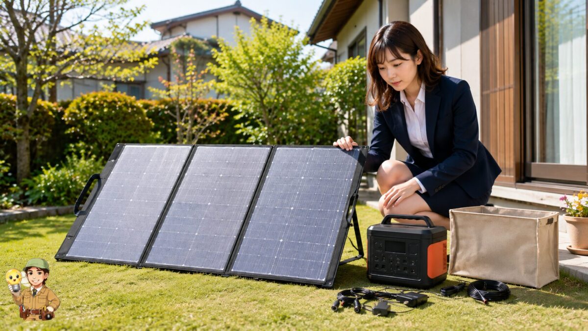 日本の住宅の庭で折りたたみ式ソーラーパネルの品質や付属品を確認する利用者