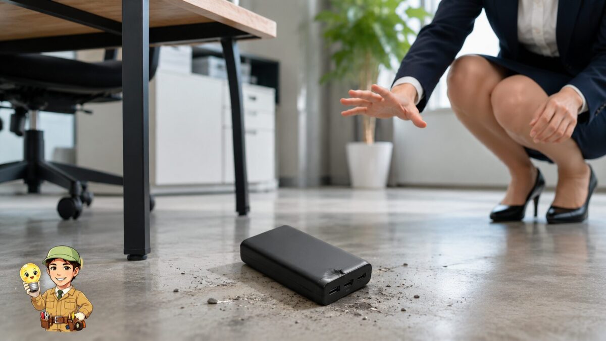 硬い床に落ちて角とケースの継ぎ目がわずかに変形したモバイルバッテリー