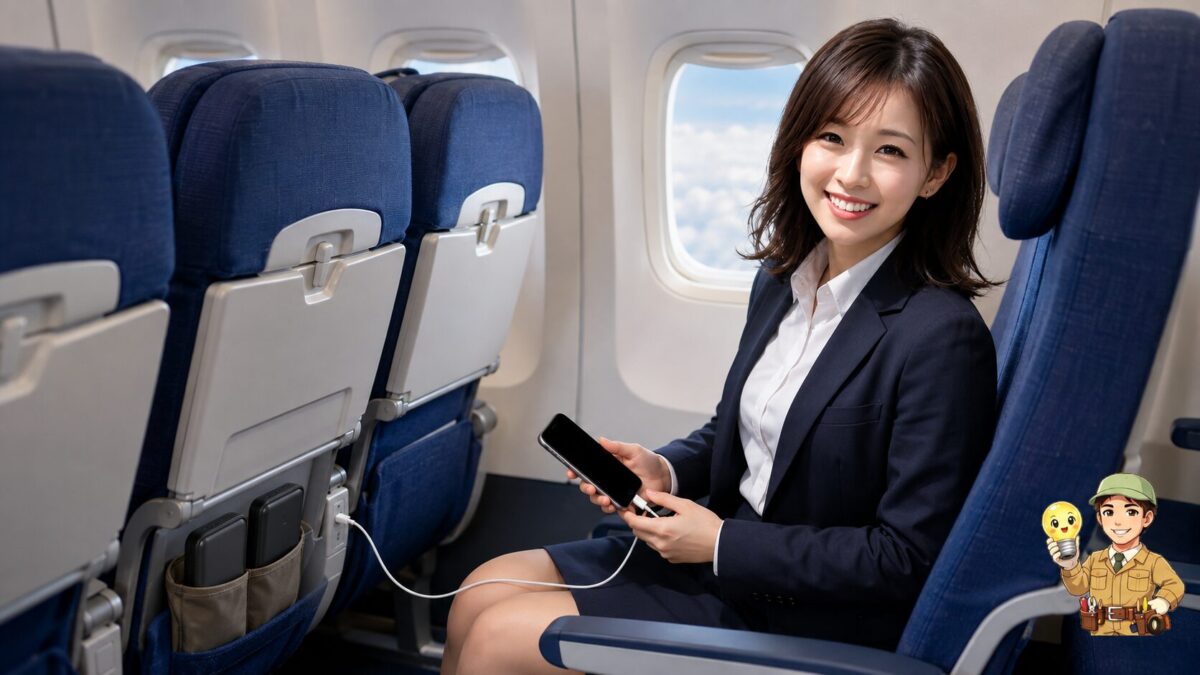 飛行機の座席で2台のモバイルバッテリーを個別に手元保管し、スマートフォンを座席電源から直接充電する場面
