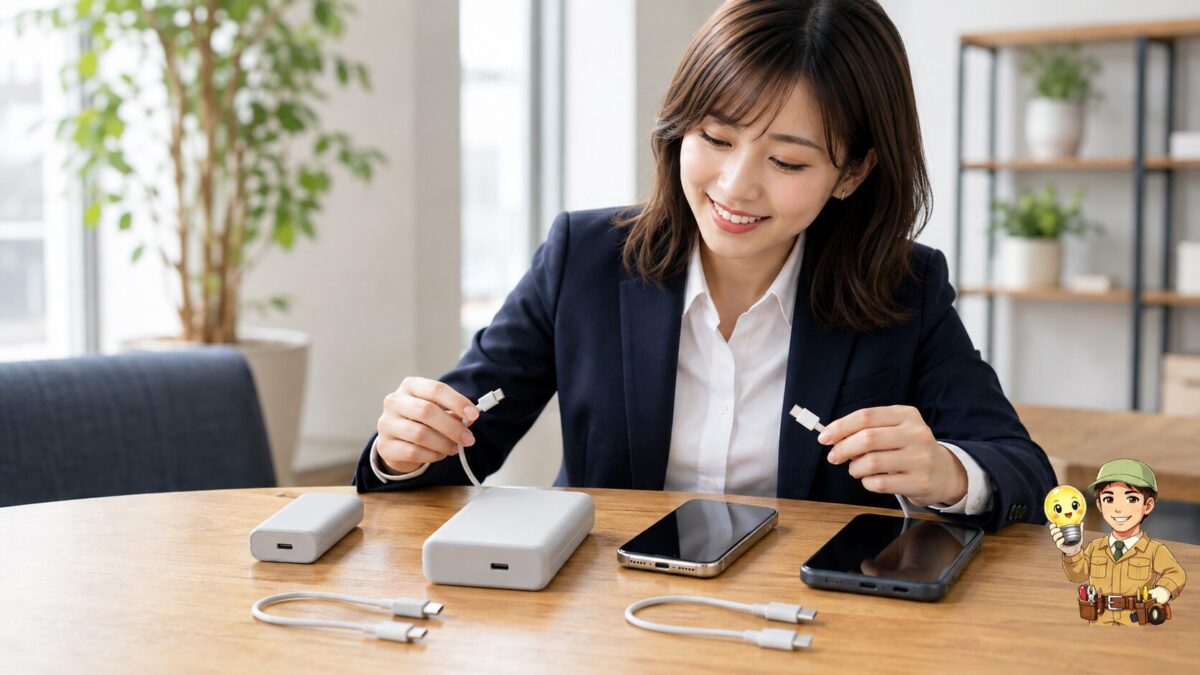 端子形状の異なる2台のスマートフォンに合うケーブルと、大小のモバイルバッテリーを机上で比較する様子