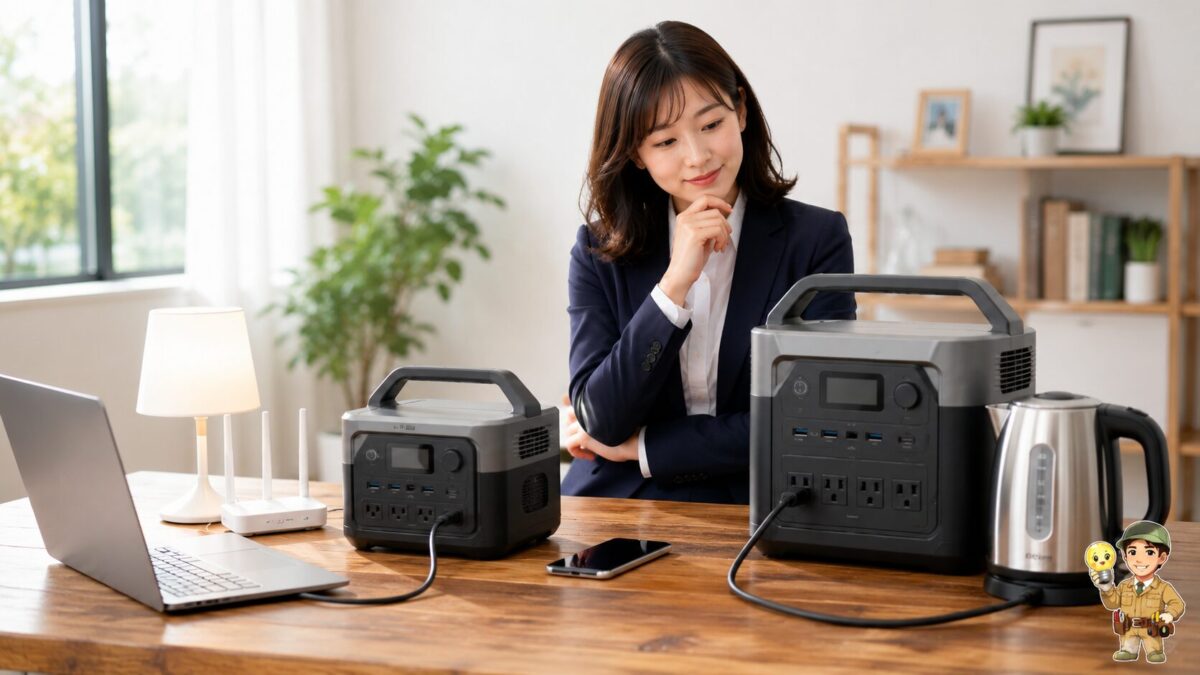 大きさの異なる複数のポータブル電源と使用する家電を並べて比較する場面